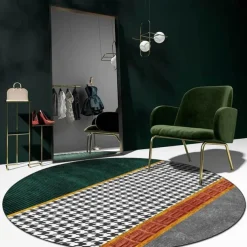 Round Houndstooth Area Rug Floor Decor Non Slip Absorbent Carpet For Entryway Bedroom Living Room Sofa Home Deco