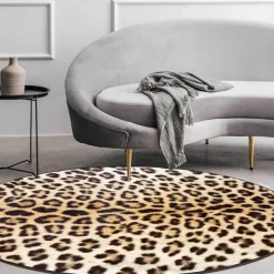 Round Leopard Print Area Rug Floor Decor Non Slip Absorbent Carpet For Entryway Bedroom Living Room Sofa Home Deco