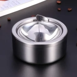 Round Push Down Ashtray Stainless Steel Ash Container Pocket Ashtray Outdoor Tabletop Ashtrays Decorative Wind Resistant Cigarette Ash Holder Desktop Ornament for Home Bar