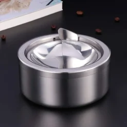 Round Push Down Ashtray Stainless Steel Ash Container Pocket Ashtray Outdoor Tabletop Ashtrays Decorative Wind Resistant Cigarette Ash Holder Desktop Ornament for Home Bar