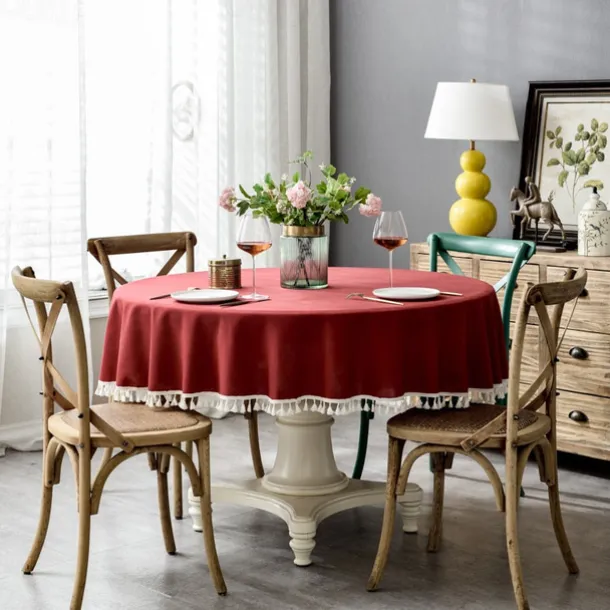 Round Tablecloth Rustic Fabric with Tassel,Tablecloths for Round Tables Wrinkle Free Stain Resistant Outdoor Table Cover for Party Dining Round Tablecloths