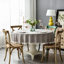 Round Tablecloth Rustic Fabric with Tassel,Tablecloths for Round Tables Wrinkle Free Stain Resistant Outdoor Table Cover for Party Dining Round Tablecloths