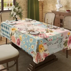Rural American Floral Pattern Print Rectangle Tablecloth Waterproof Rectangular Table Cloth for Kitchen Dining