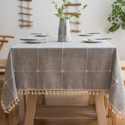 Rustic Lattice Tablecloth Cotton Linen Grey Rectangle Table Cloths for Kitchen Dining, Party, Holiday, , Buffet
