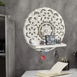 Rustic Whitewashed Wood Wall Shelves with Hooks Space-Saving Storage Decor for Bedroom, Entryway Jewelry Organizer, Key Holder