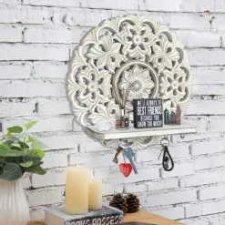 Rustic Whitewashed Wood Wall Shelves with Hooks Space-Saving Storage Decor for Bedroom, Entryway Jewelry Organizer, Key Holder