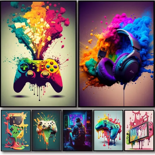 80s 90s Wall Art Colorful Neon Gamer Controller Canvas Poster Fantasy Earphones Esports Gaming Wall Art Painting For Kawaii Room Decor
