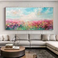 Sandy Sea Shore Flowers Blue Sky Hand Painted Wall Decor Living Room Acrylic Abstract Oil Painting Office Wall Art Textured Painting No Frame