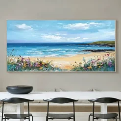 Sandy Sea Shore Flowers Blue Sky Hand Painted Wall Decor Living Room Acrylic Abstract Oil Painting Office Wall Art Textured Painting No Frame