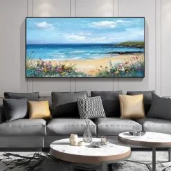 Sandy Sea Shore Flowers Blue Sky Hand Painted Wall Decor Living Room Acrylic Abstract Oil Painting Office Wall Art Textured Painting No Frame