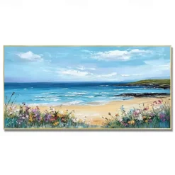 Sandy Sea Shore Flowers Blue Sky Hand Painted Wall Decor Living Room Acrylic Abstract Oil Painting Office Wall Art Textured Painting No Frame