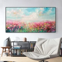 Sandy Sea Shore Flowers Blue Sky Hand Painted Wall Decor Living Room Acrylic Abstract Oil Painting Office Wall Art Textured Painting No Frame