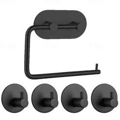 Self Adhesive Toilet Paper Holder and 4pcs Robe Hooks Stainless Steel Contemporary Bathroom Accessory Set Wall Mounted