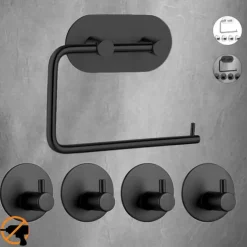 Self Adhesive Toilet Paper Holder and 4pcs Robe Hooks Stainless Steel Contemporary Bathroom Accessory Set Wall Mounted
