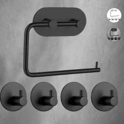 Self Adhesive Toilet Paper Holder and 4pcs Robe Hooks Stainless Steel Contemporary Bathroom Accessory Set Wall Mounted