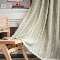 Semi Blackout Curtains Green, Pinch Pleat Curtain Panels Cotton Polyester Striped Embroidered 2 Panels Set Curtains for Living Room with Tassels