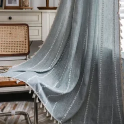 Semi Blackout Curtains Green, Pinch Pleat Curtain Panels Cotton Polyester Striped Embroidered 2 Panels Set Curtains for Living Room with Tassels