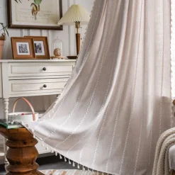 Semi Blackout Curtains Green, Pinch Pleat Curtain Panels Cotton Polyester Striped Embroidered 2 Panels Set Curtains for Living Room with Tassels