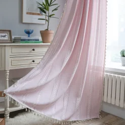 Semi Blackout Curtains Green, Pinch Pleat Curtain Panels Cotton Polyester Striped Embroidered 2 Panels Set Curtains for Living Room with Tassels