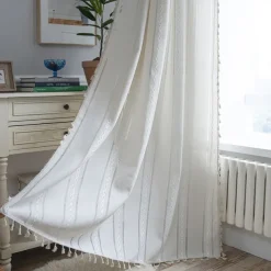 Semi Blackout Curtains Green, Pinch Pleat Curtain Panels Cotton Polyester Striped Embroidered 2 Panels Set Curtains for Living Room with Tassels