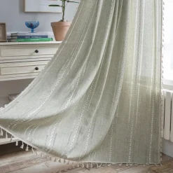 Semi Blackout Curtains Green, Pinch Pleat Curtain Panels Cotton Polyester Striped Embroidered 2 Panels Set Curtains for Living Room with Tassels