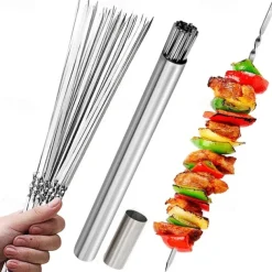 Set of 15 pcs Skewers & 1 Tube Storage Stainless Steel Kabob Skewers Heavy Duty Grilling Skewers Barbecue Skewers Resuable BBQ Sticks for Shish Meat Shrimp Chicken Flat Skewers