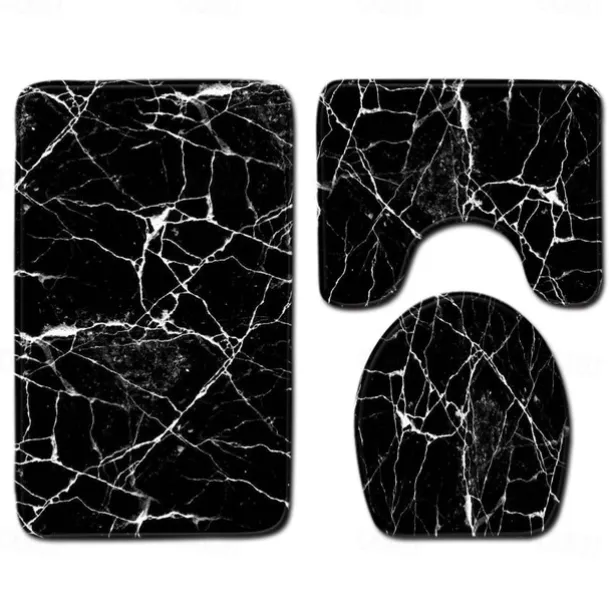 Set of 3 Pieces Bath Mat Non-slip Bathroom Rug, U Shaped Contour Rug & Toilet lid Cover, Marble Texture Bath mat, Non Slip & Soft Absorbent Polyester Carpet