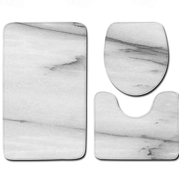 Set of 3 Pieces Bath Mat Non-slip Bathroom Rug, U Shaped Contour Rug & Toilet lid Cover, Marble Texture Bath mat, Non Slip & Soft Absorbent Polyester Carpet
