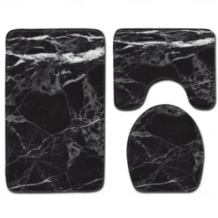 Set of 3 Pieces Bath Mat Non-slip Bathroom Rug, U Shaped Contour Rug & Toilet lid Cover, Marble Texture Bath mat, Non Slip & Soft Absorbent Polyester Carpet