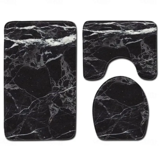 Set of 3 Pieces Bath Mat Non-slip Bathroom Rug, U Shaped Contour Rug & Toilet lid Cover, Marble Texture Bath mat, Non Slip & Soft Absorbent Polyester Carpet