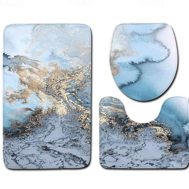 Set of 3 Pieces Bath Mat Non-slip Bathroom Rug, U Shaped Contour Rug & Toilet lid Cover, Marble Texture Bath mat, Non Slip & Soft Absorbent Polyester Carpet