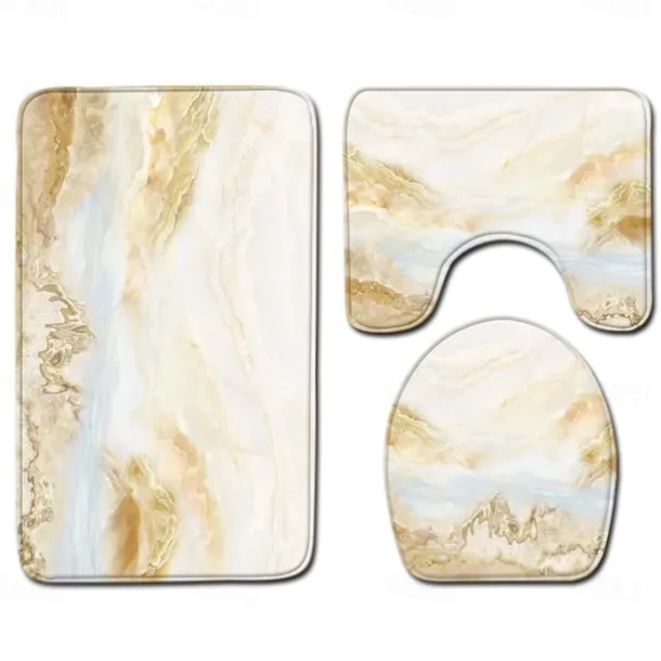 Set of 3 Pieces Bath Mat Non-slip Bathroom Rug, U Shaped Contour Rug & Toilet lid Cover, Marble Texture Bath mat, Non Slip & Soft Absorbent Polyester Carpet