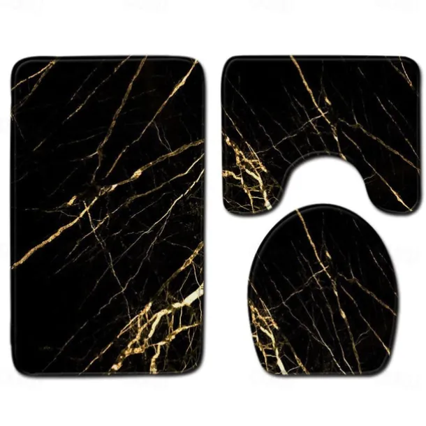 Set of 3 Pieces Bath Mat Non-slip Bathroom Rug, U Shaped Contour Rug & Toilet lid Cover, Marble Texture Bath mat, Non Slip & Soft Absorbent Polyester Carpet