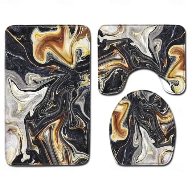 Set of 3 Pieces Bath Mat Non-slip Bathroom Rug, U Shaped Contour Rug & Toilet lid Cover, Marble Texture Bath mat, Non Slip & Soft Absorbent Polyester Carpet