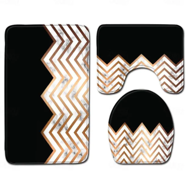 Set of 3 Pieces Bath Mat Non-slip Bathroom Rug, U Shaped Contour Rug & Toilet lid Cover, Marble Texture Bath mat, Non Slip & Soft Absorbent Polyester Carpet