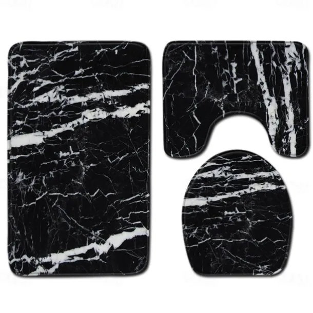 Set of 3 Pieces Bath Mat Non-slip Bathroom Rug, U Shaped Contour Rug & Toilet lid Cover, Marble Texture Bath mat, Non Slip & Soft Absorbent Polyester Carpet