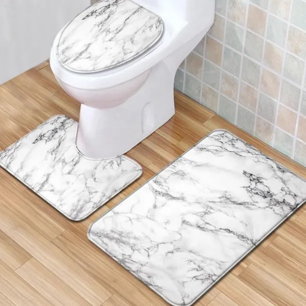 Set of 3 Pieces Bath Mat Non-slip Bathroom Rug, U Shaped Contour Rug & Toilet lid Cover, Marble Texture Bath mat, Non Slip & Soft Absorbent Polyester Carpet