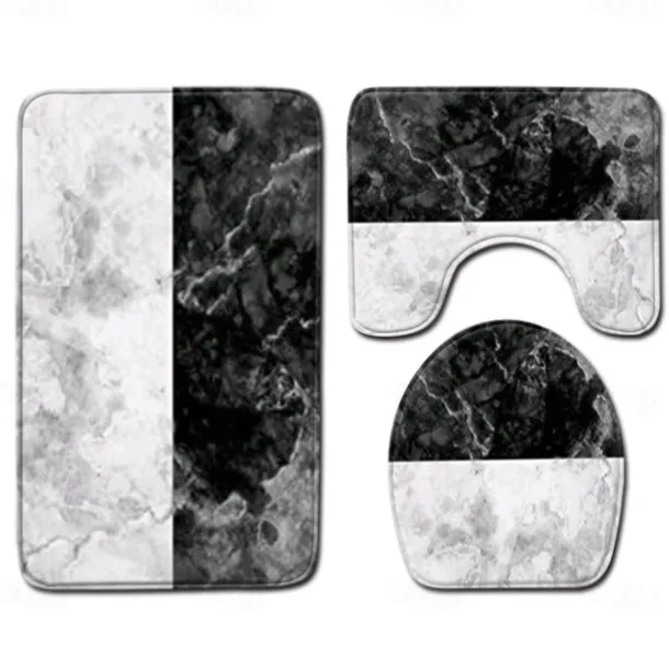 Set of 3 Pieces Bath Mat Non-slip Bathroom Rug, U Shaped Contour Rug & Toilet lid Cover, Marble Texture Bath mat, Non Slip & Soft Absorbent Polyester Carpet