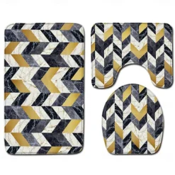 Set of 3 Pieces Bath Mat Non-slip Bathroom Rug, U Shaped Contour Rug & Toilet lid Cover, Marble Texture Bath mat, Non Slip & Soft Absorbent Polyester Carpet