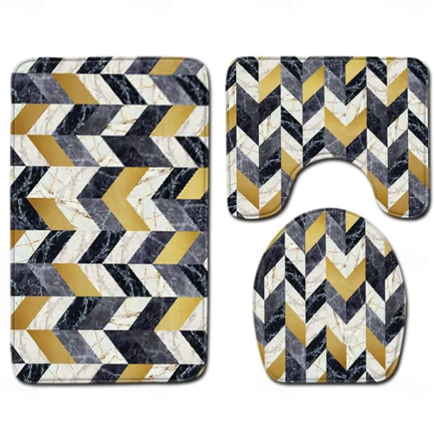 Set of 3 Pieces Bath Mat Non-slip Bathroom Rug, U Shaped Contour Rug & Toilet lid Cover, Marble Texture Bath mat, Non Slip & Soft Absorbent Polyester Carpet