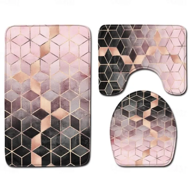 Set of 3 Pieces Bath Mat Non-slip Bathroom Rug, U Shaped Contour Rug & Toilet lid Cover, Marble Texture Bath mat, Non Slip & Soft Absorbent Polyester Carpet