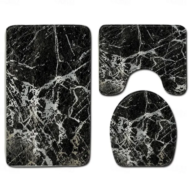 Set of 3 Pieces Bath Mat Non-slip Bathroom Rug, U Shaped Contour Rug & Toilet lid Cover, Marble Texture Bath mat, Non Slip & Soft Absorbent Polyester Carpet