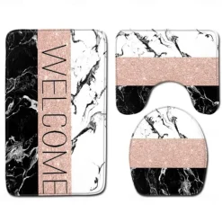 Set of 3 Pieces Bath Mat Non-slip Bathroom Rug, U Shaped Contour Rug & Toilet lid Cover, Marble Texture Bath mat, Non Slip & Soft Absorbent Polyester Carpet