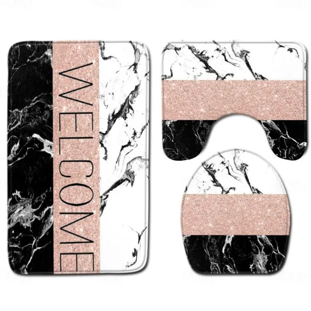 Set of 3 Pieces Bath Mat Non-slip Bathroom Rug, U Shaped Contour Rug & Toilet lid Cover, Marble Texture Bath mat, Non Slip & Soft Absorbent Polyester Carpet