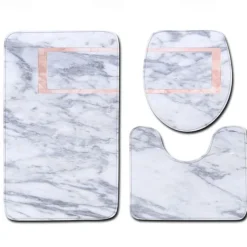 Set of 3 Pieces Bath Mat Non-slip Bathroom Rug, U Shaped Contour Rug & Toilet lid Cover, Marble Texture Bath mat, Non Slip & Soft Absorbent Polyester Carpet