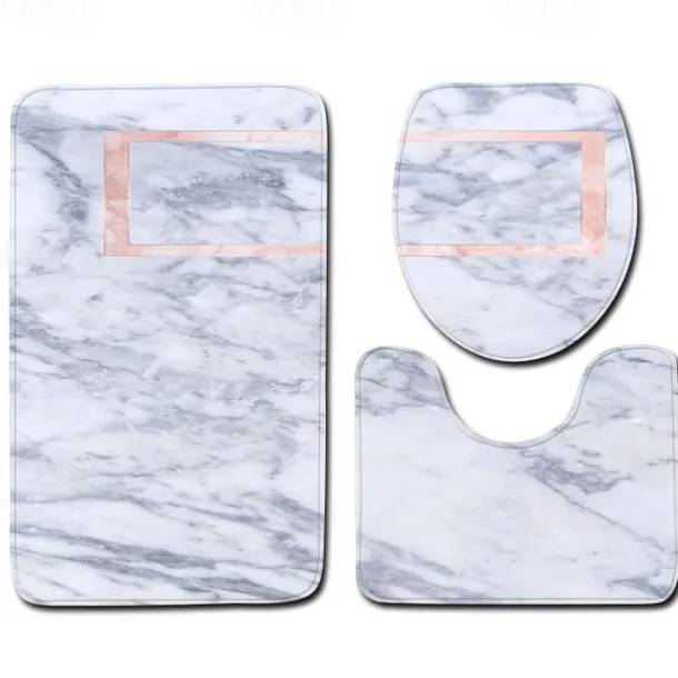 Set of 3 Pieces Bath Mat Non-slip Bathroom Rug, U Shaped Contour Rug & Toilet lid Cover, Marble Texture Bath mat, Non Slip & Soft Absorbent Polyester Carpet