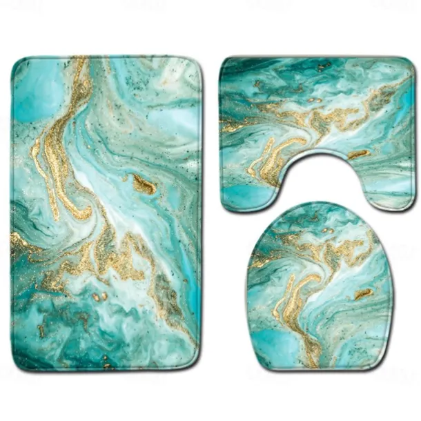Set of 3 Pieces Bath Mat Non-slip Bathroom Rug, U Shaped Contour Rug & Toilet lid Cover, Marble Texture Bath mat, Non Slip & Soft Absorbent Polyester Carpet
