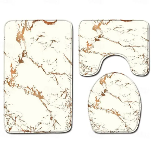 Set of 3 Pieces Bath Mat Non-slip Bathroom Rug, U Shaped Contour Rug & Toilet lid Cover, Marble Texture Bath mat, Non Slip & Soft Absorbent Polyester Carpet