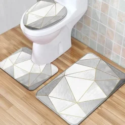 Set of 3 Pieces Bath Mat Non-slip Bathroom Rug, U Shaped Contour Rug & Toilet lid Cover, Marble Texture Bath mat, Non Slip & Soft Absorbent Polyester Carpet