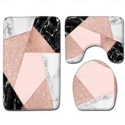 Set of 3 Pieces Bath Mat Non-slip Bathroom Rug, U Shaped Contour Rug & Toilet lid Cover, Marble Texture Bath mat, Non Slip & Soft Absorbent Polyester Carpet